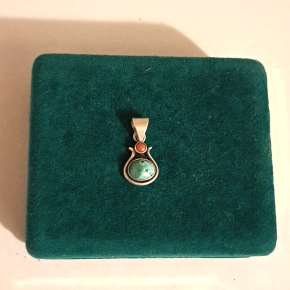 925 Signed Natural Coral and Turquoise Native American Pendant - Picture 1 of 6
